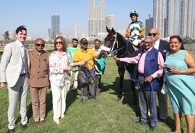 The winning connections of Western Star (Mustakim Alam) M D leading in the winner of the M D Mehta Trophy (Div 1) at Mumbai on Sunday. Photo credit Amit Gupta